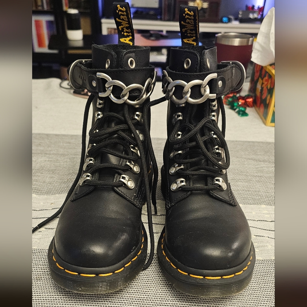 Dr. Martens Black Leather Combat Boots with Silver Chain Ankle Straps